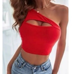 Red one shoulder cut out crop top size medium!